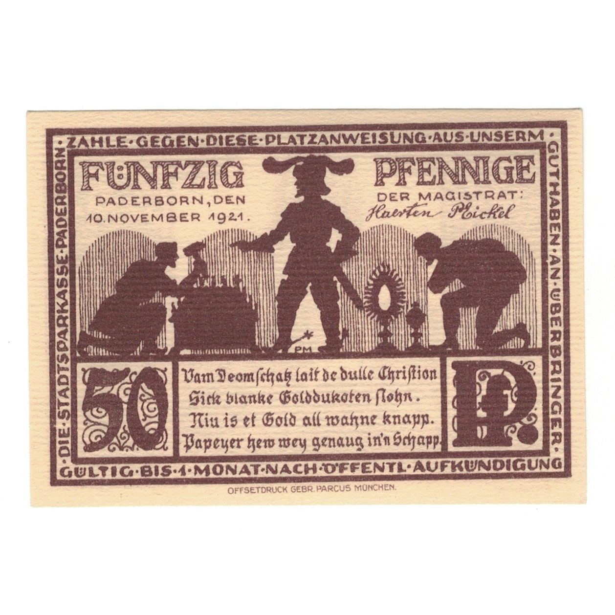 Geldschein, Deutschland, Paderborn Stadt, 50 Pfennig, personnage 1, 1921