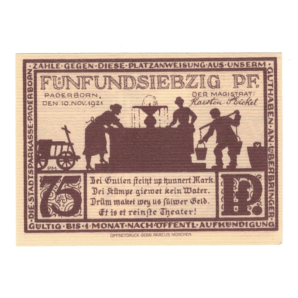 Geldschein, Deutschland, Paderborn Stadt, 75 Pfennig, personnage, 1921