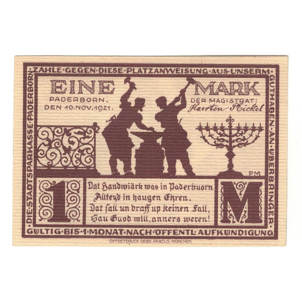 Banknote, Germany, Paderborn Stadt, 1 Mark, personnage, 1921, 1921-11-10