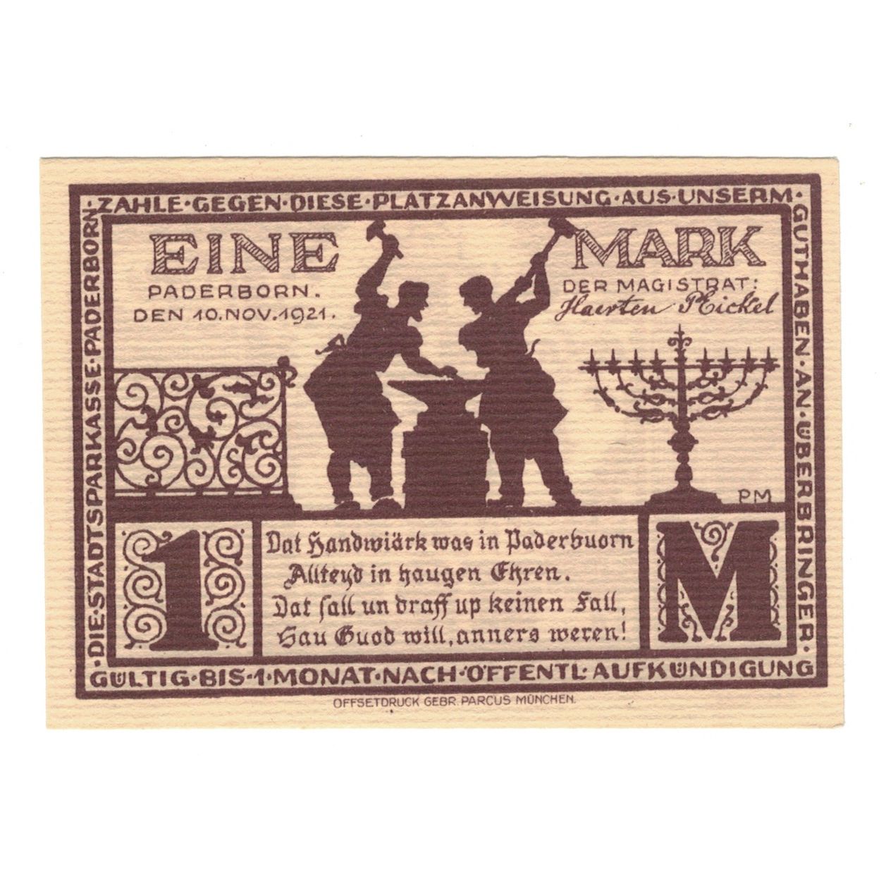 Banconote, Germania, Paderborn Stadt, 1 Mark, personnage 1, 1921, 1921-11-10