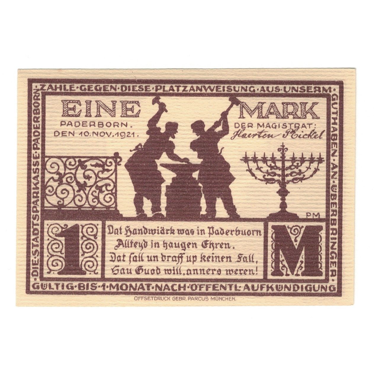 Geldschein, Deutschland, Paderborn Stadt, 1 Mark, personnage 2, 1921