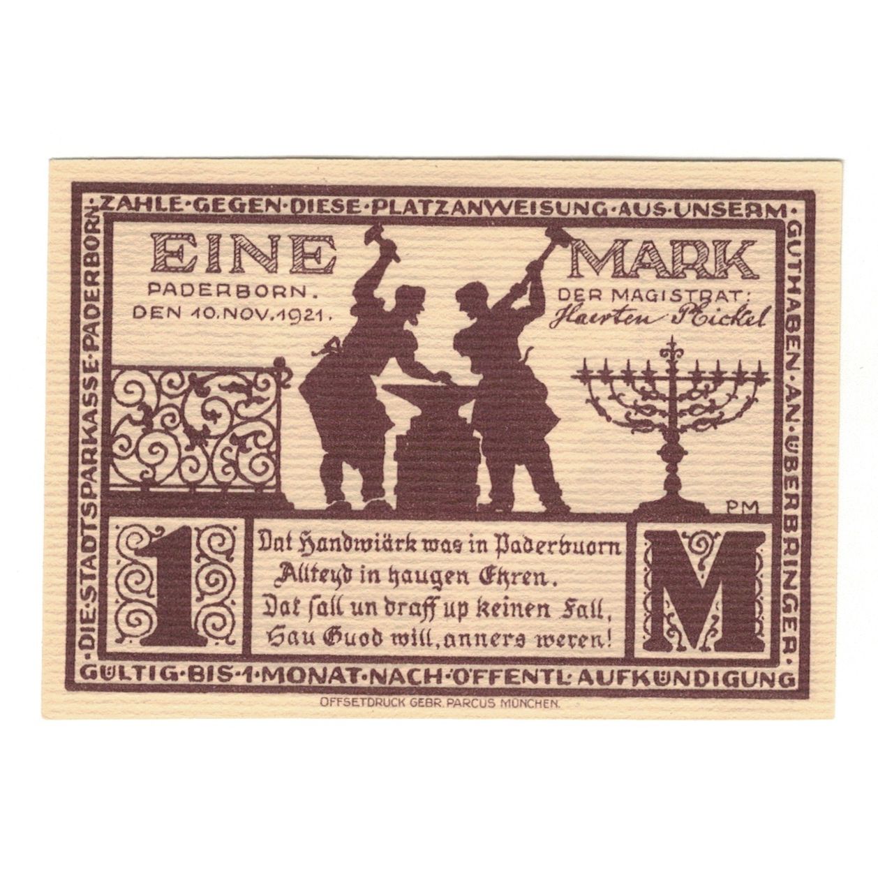 Banknote, Germany, Paderborn Stadt, 1 Mark, personnage 3, 1921, 1921-11-10