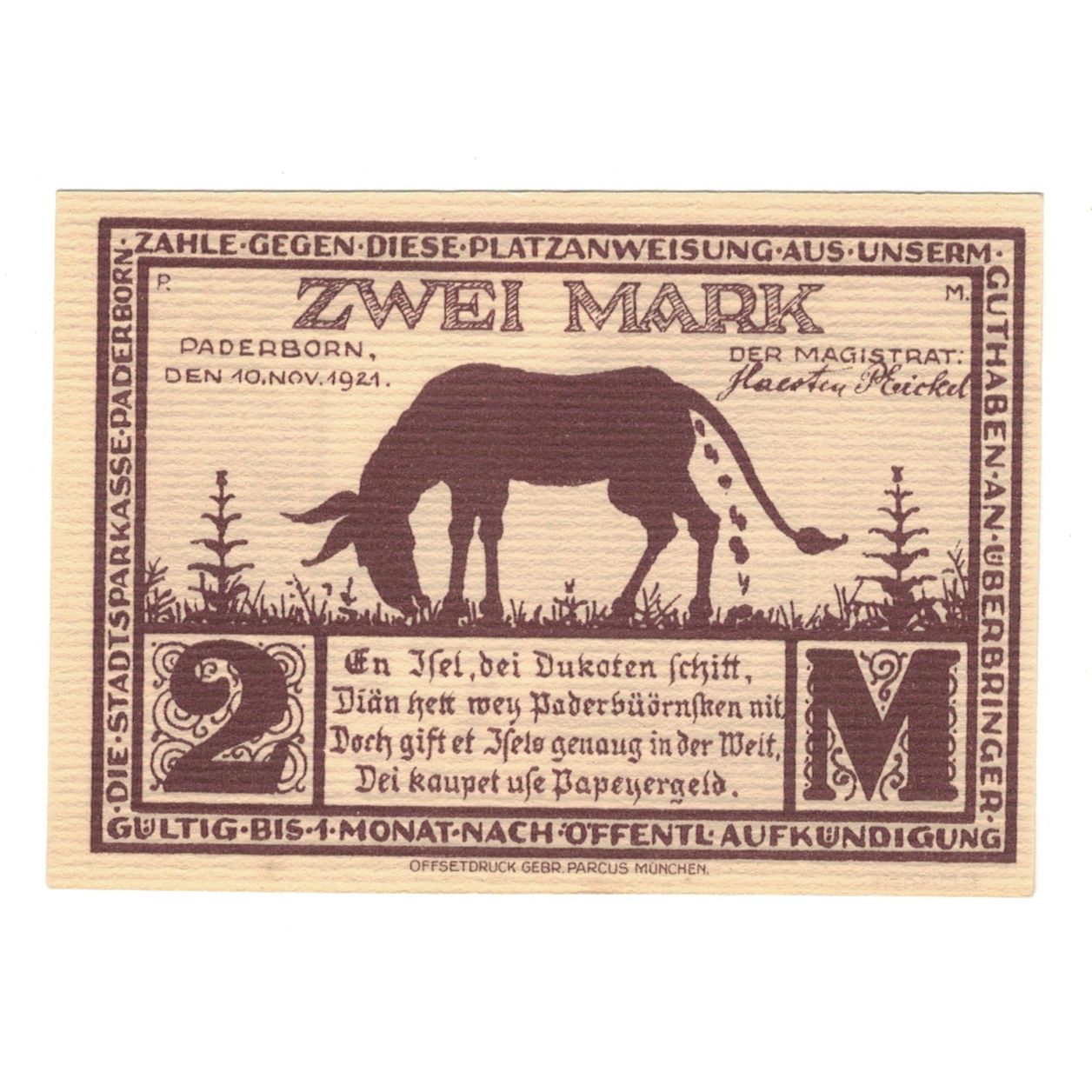 Geldschein, Deutschland, Paderborn Stadt, 2 Mark, animal, 1921, 1921-11-10, VZ