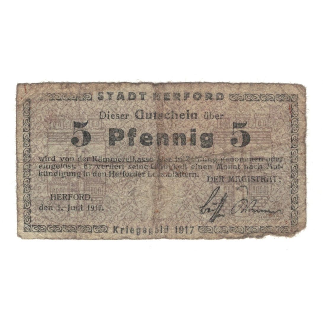 Banconote, Germania, Herford Stadt, 5 Pfennig, place, 1917, 1917-06-01, B+