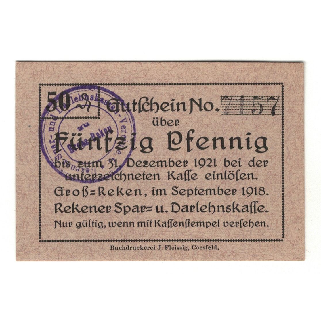 Geldschein, Deutschland, Groß-Reken, 50 Pfennig, N.D, 1921, 1921-12-31, VZ