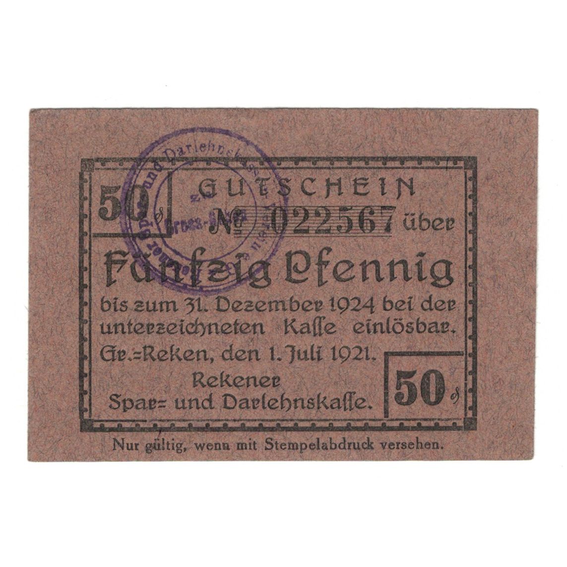Geldschein, Deutschland, Groß-Reken, 50 Pfennig, N.D, 1924, 1924-12-31, VZ