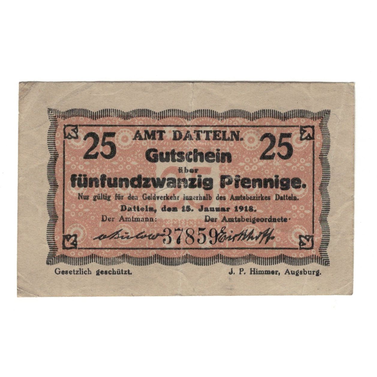 Banknote, Germany, Amt Datteln, 25 Pfennig, N.D, 1918, 1918-01-15, EF(40-45)
