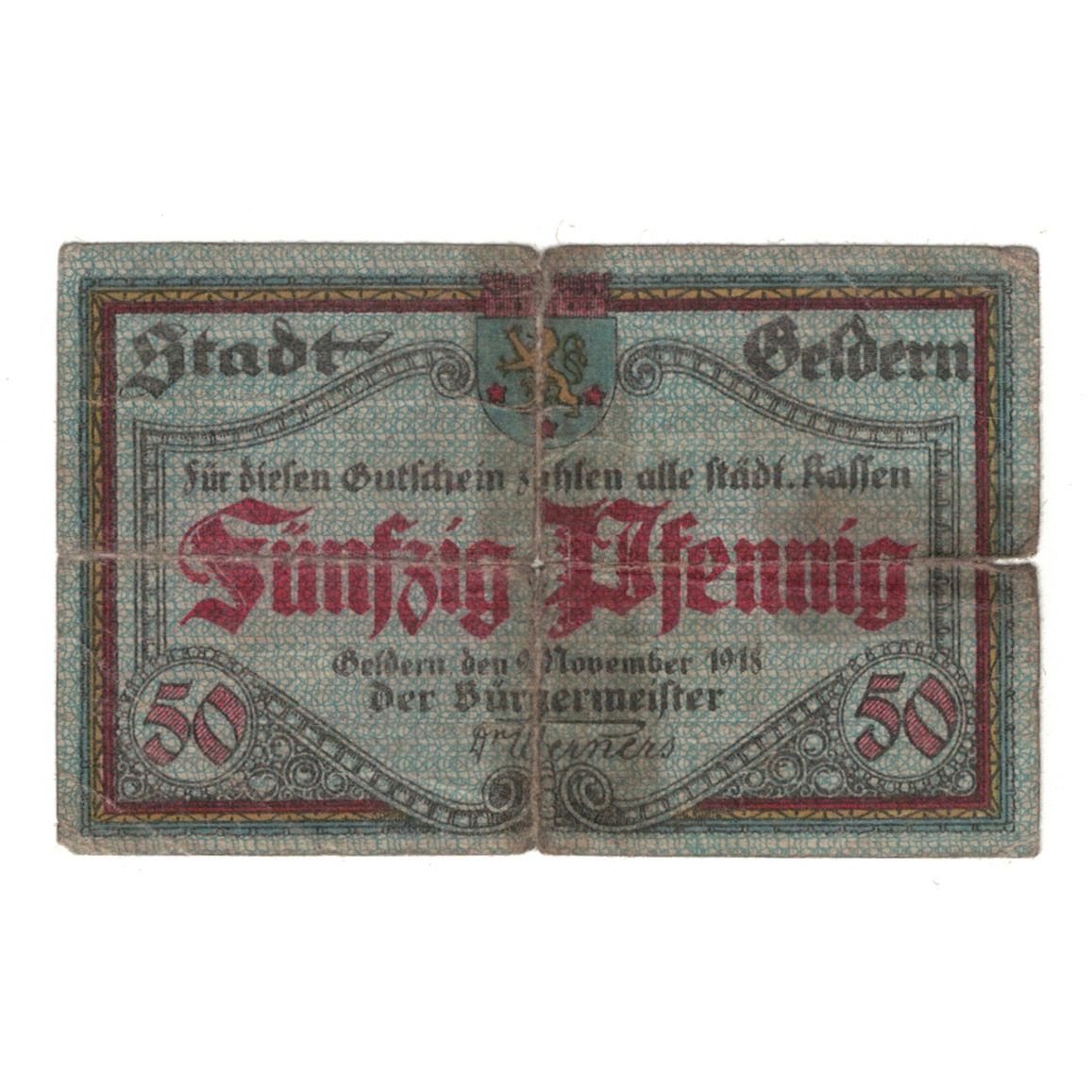 Banknote, Germany, Geldern Stadt, 50 Pfennig, Batiment, 1918, 1918-11-09