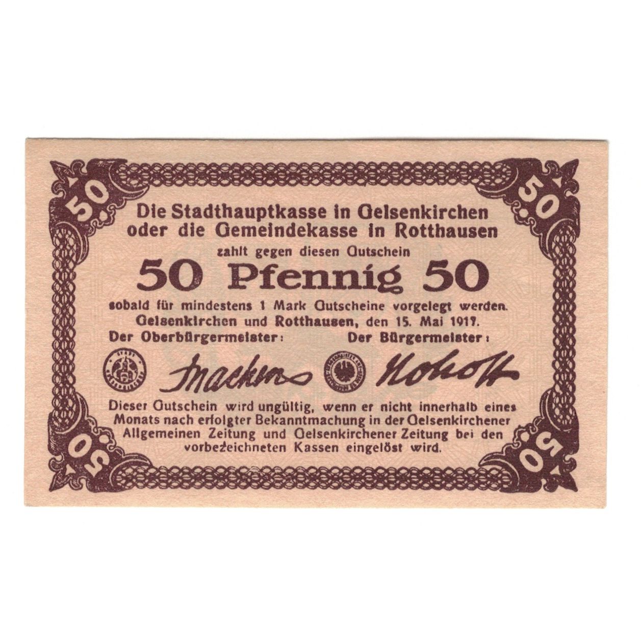 Geldschein, Deutschland, Gelsenkirchen, 50 Pfennig, Armoiries, 1917, 1917-05-15
