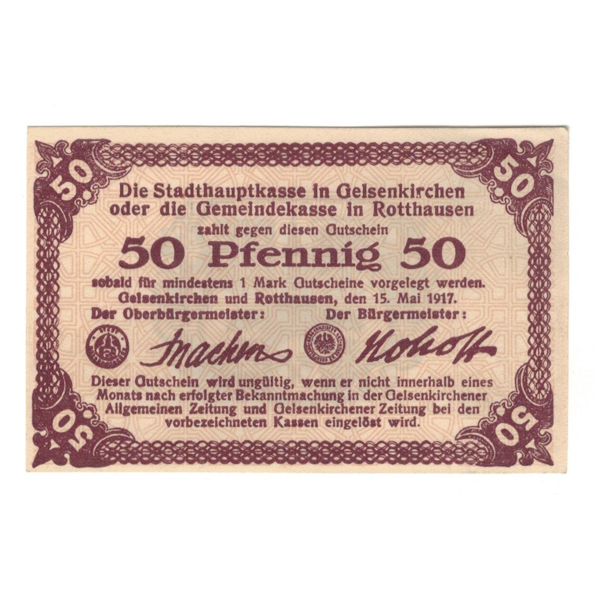 Banknote, Germany, Gelsenkirchen, 50 Pfennig, Armoiries 1, 1917, 1917-05-15