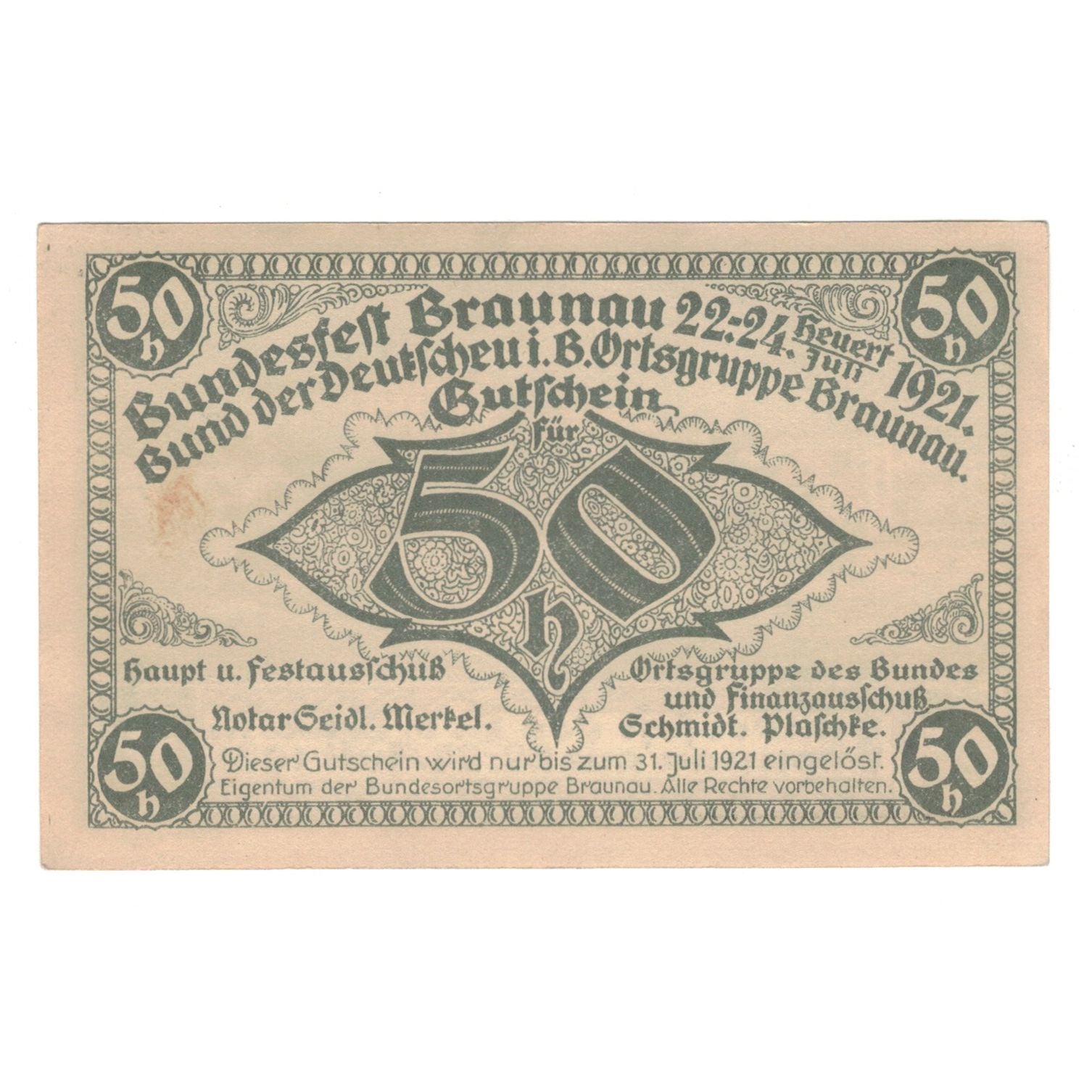 Biljet, Oostenrijk, Braunau, 50 Heller, paysage, 1921, 1921-07-31, SUP