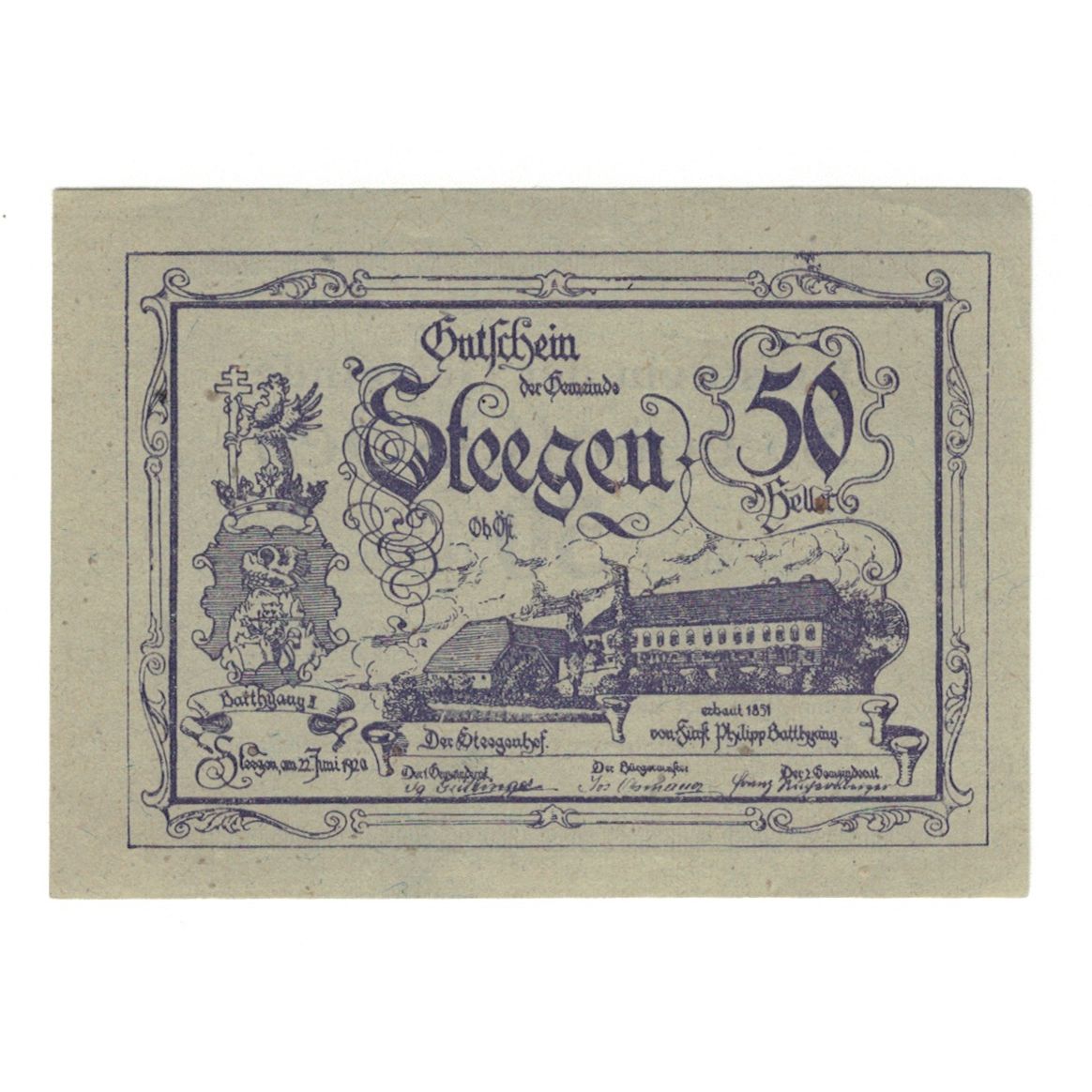 Banconote, Austria, Steegen O.Ö. Gemeinde, 50 Heller, Texte, 1920, 1920-06-22