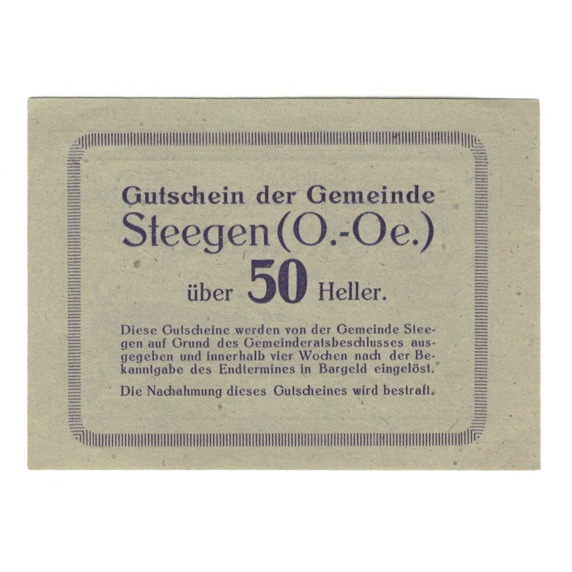 Banconote, Austria, Steegen O.Ö. Gemeinde, 50 Heller, Texte, 1920, 1920-06-22