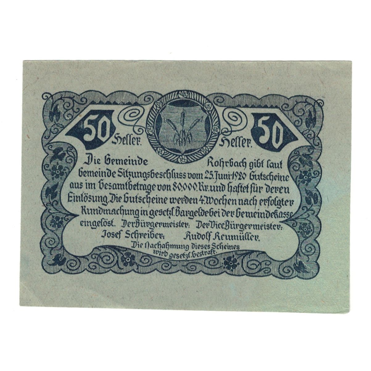Banknote, Austria, Rohrbach O.Ö. Gemeinde, 50 Heller, Texte, 1920, 1920-06-25