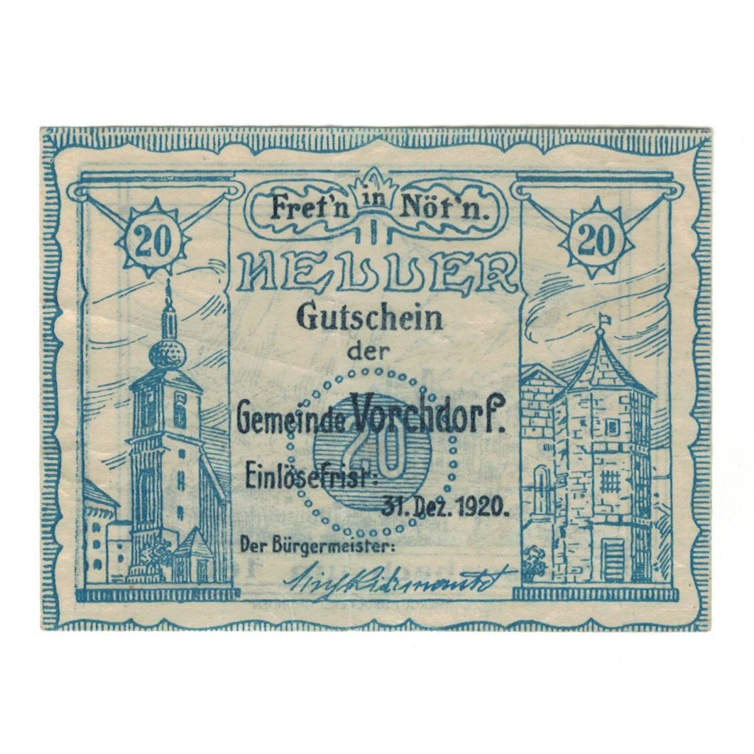 Banconote, Austria, Vorchdorf O.Ö. Gemeinde, 20 Heller, paysage, 1920