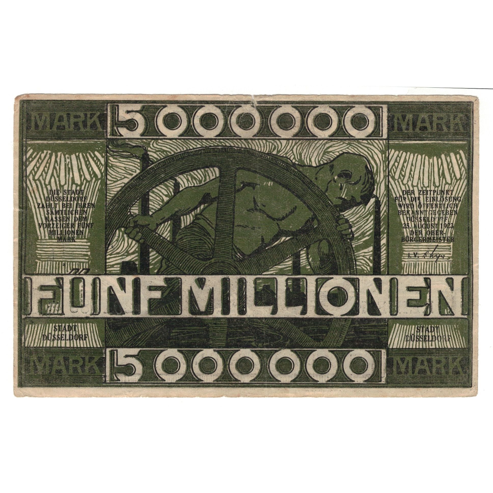 Banknote, Germany, Düsseldorf Stadt, 5 Millionen Mark, corbeau, 1923
