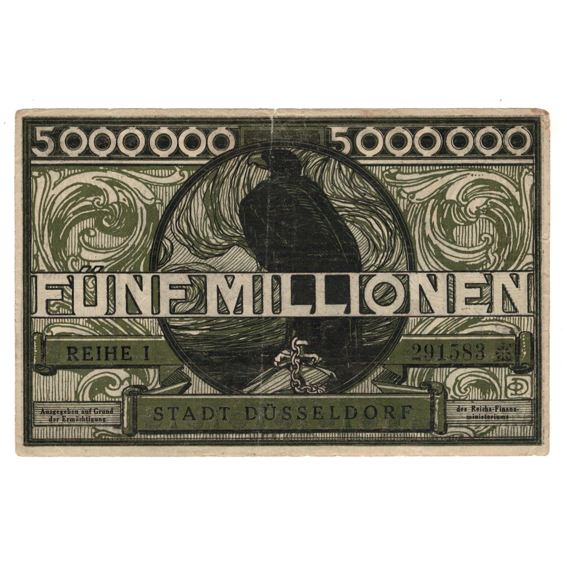Banknote, Germany, Düsseldorf Stadt, 5 Millionen Mark, corbeau, 1923