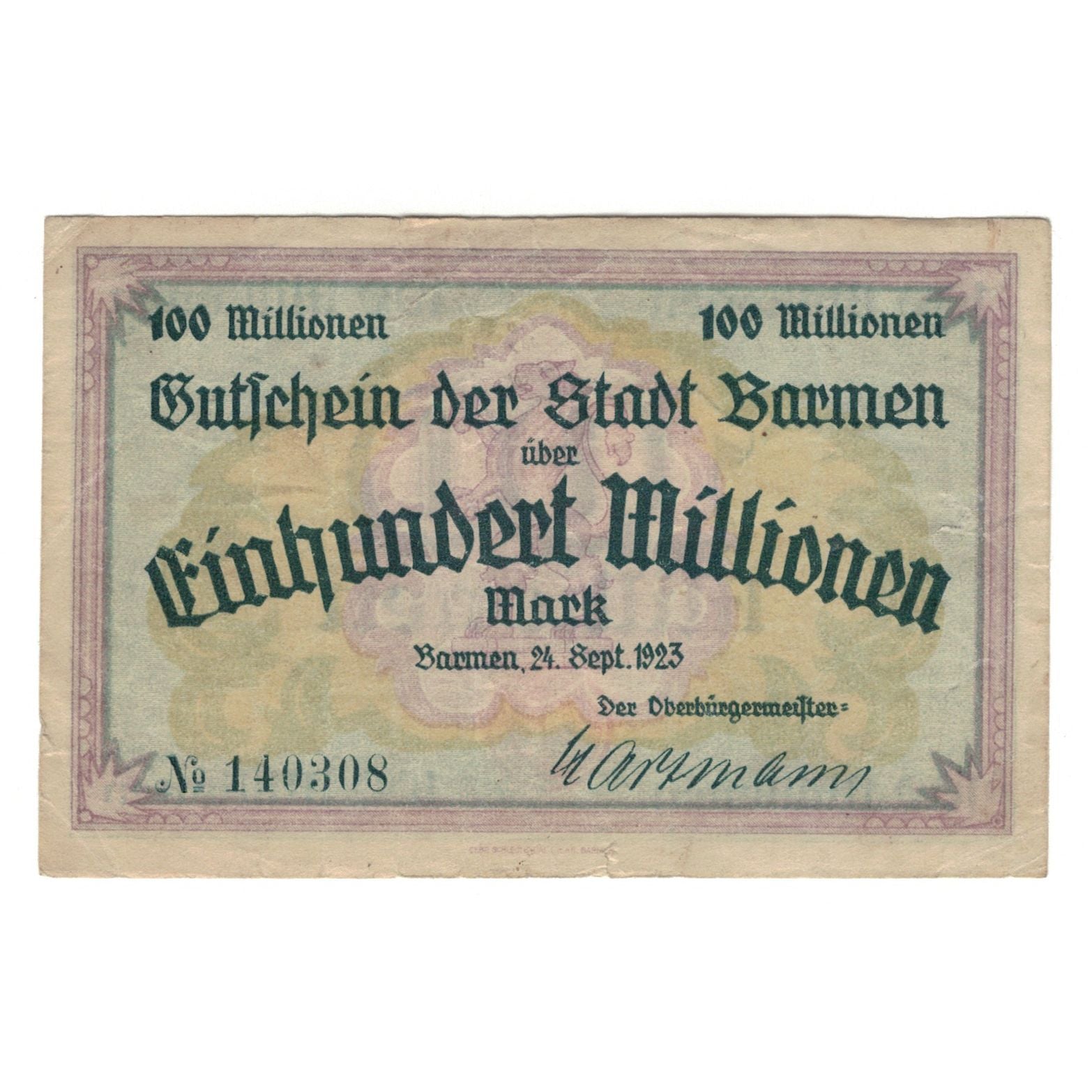Banconote, Germania, Barmen Stadt, 100 Millionen Mark, valeur faciale, 1923