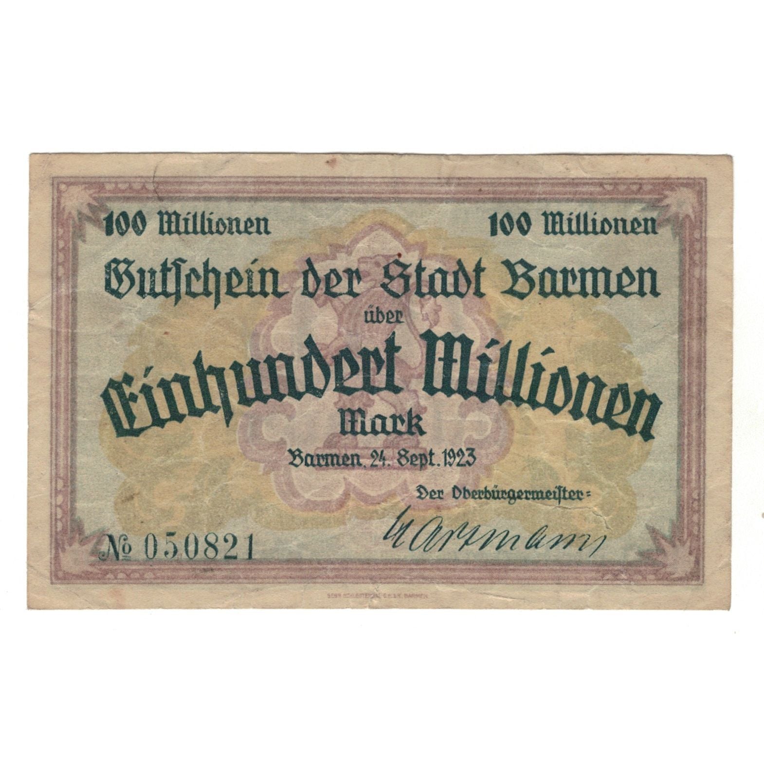 Billet, Allemagne, Barmen Stadt, 100 Millionen Mark, valeur faciale 1, 1923