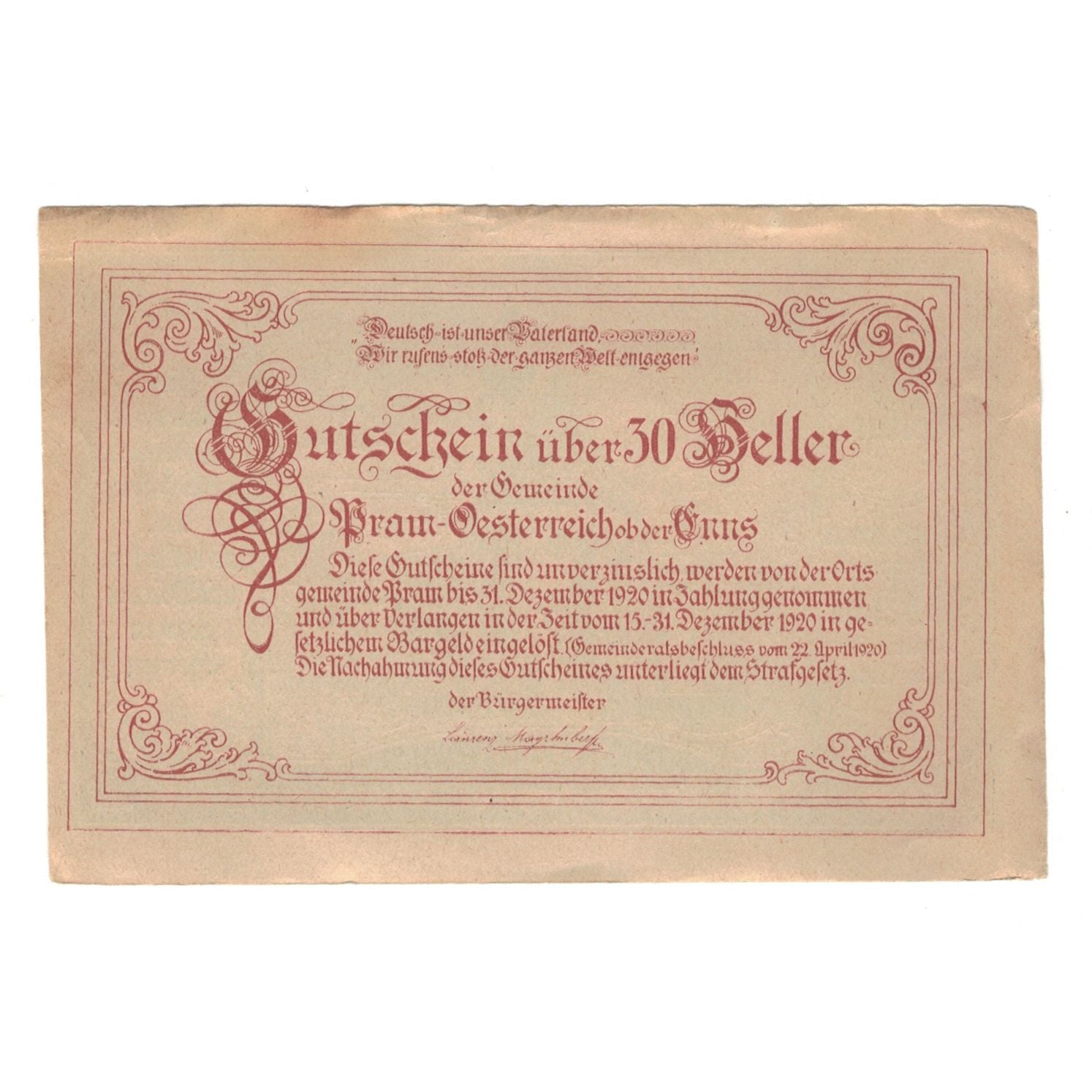 Biljet, Oostenrijk, Pram O.Ö. Gemeinde, 30 Heller, Texte, 1920, 1920-12-31
