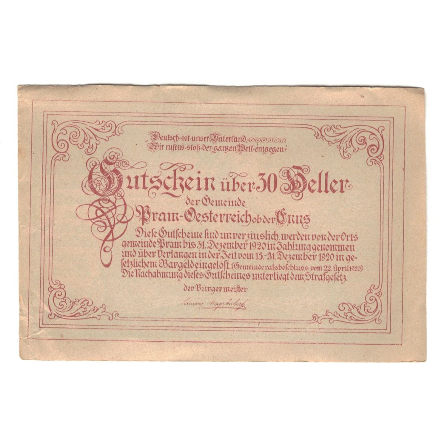 Banconote, Austria, Pram O.Ö. Gemeinde, 30 Heller, texte 1, 1920, 1920-12-31
