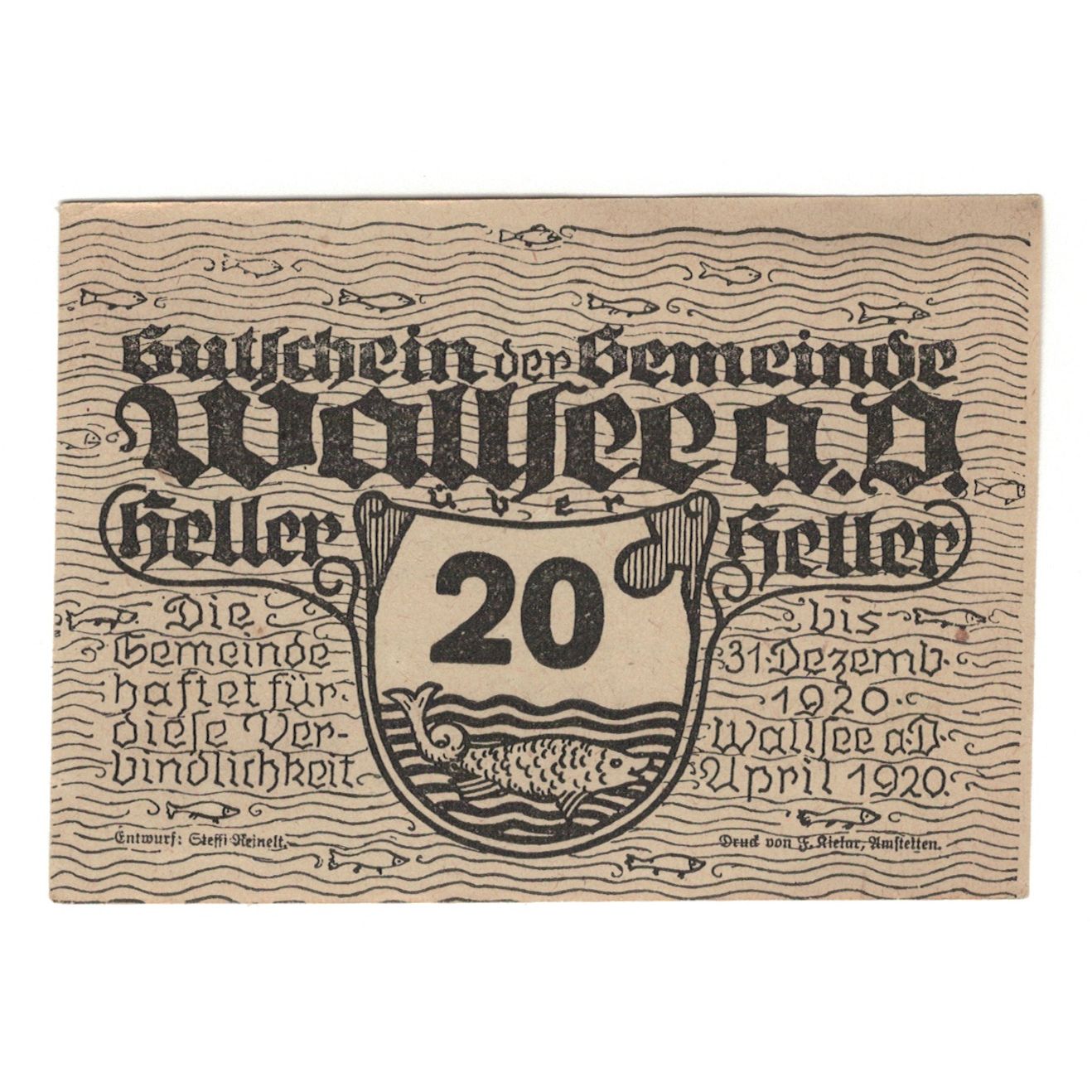 Billete, Austria, Wallsee N.Ö. Gemeinde, 20 Heller, poisson, 1920, 1920-12-31