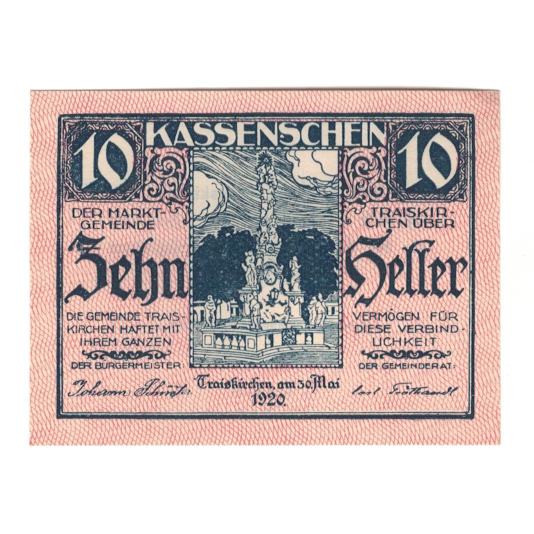 Billete, Austria, Traiskirchen N.Ö. Marktgemeinde, 10 Heller, Texte, 1921