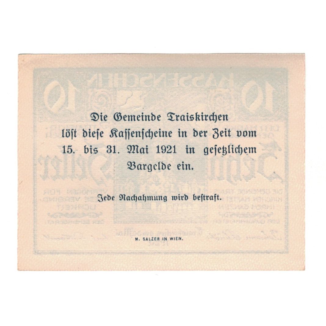 Billete, Austria, Traiskirchen N.Ö. Marktgemeinde, 10 Heller, Texte, 1921