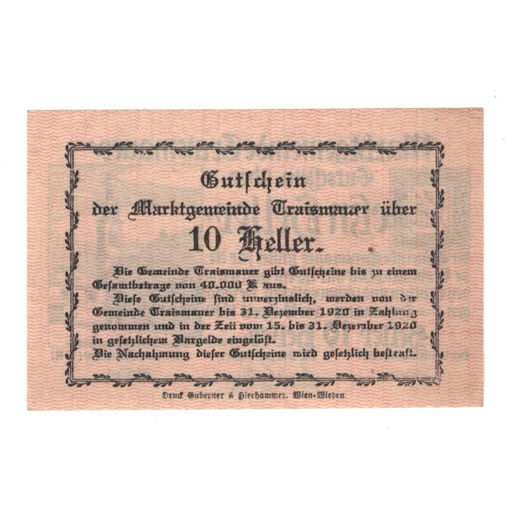 Billete, Austria, Traismauer N.Ö. Marktgemeinde, 10 Heller, Texte, 1920