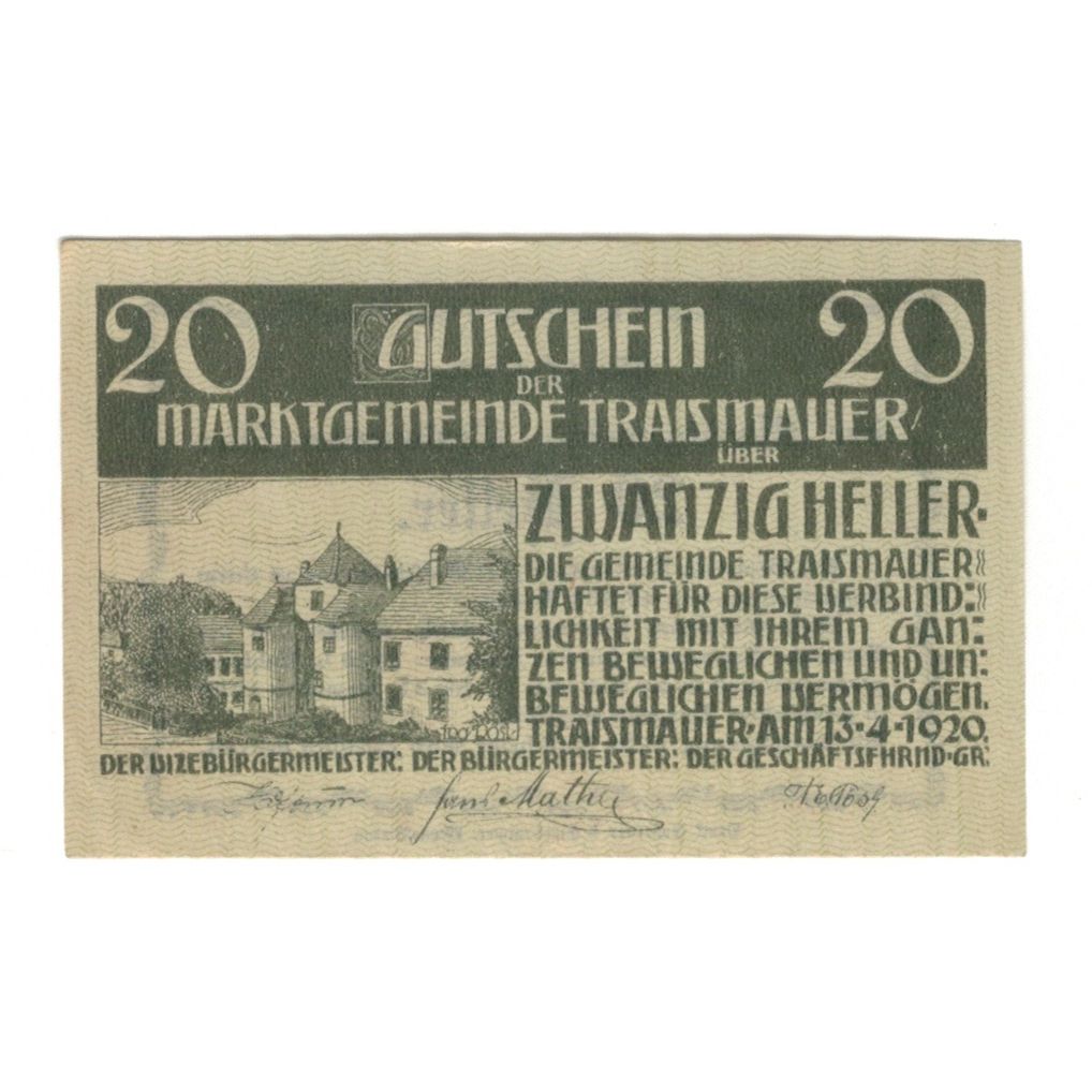Billete, Austria, Traismauer N.Ö. Marktgemeinde, 20 Heller, Texte, 1920
