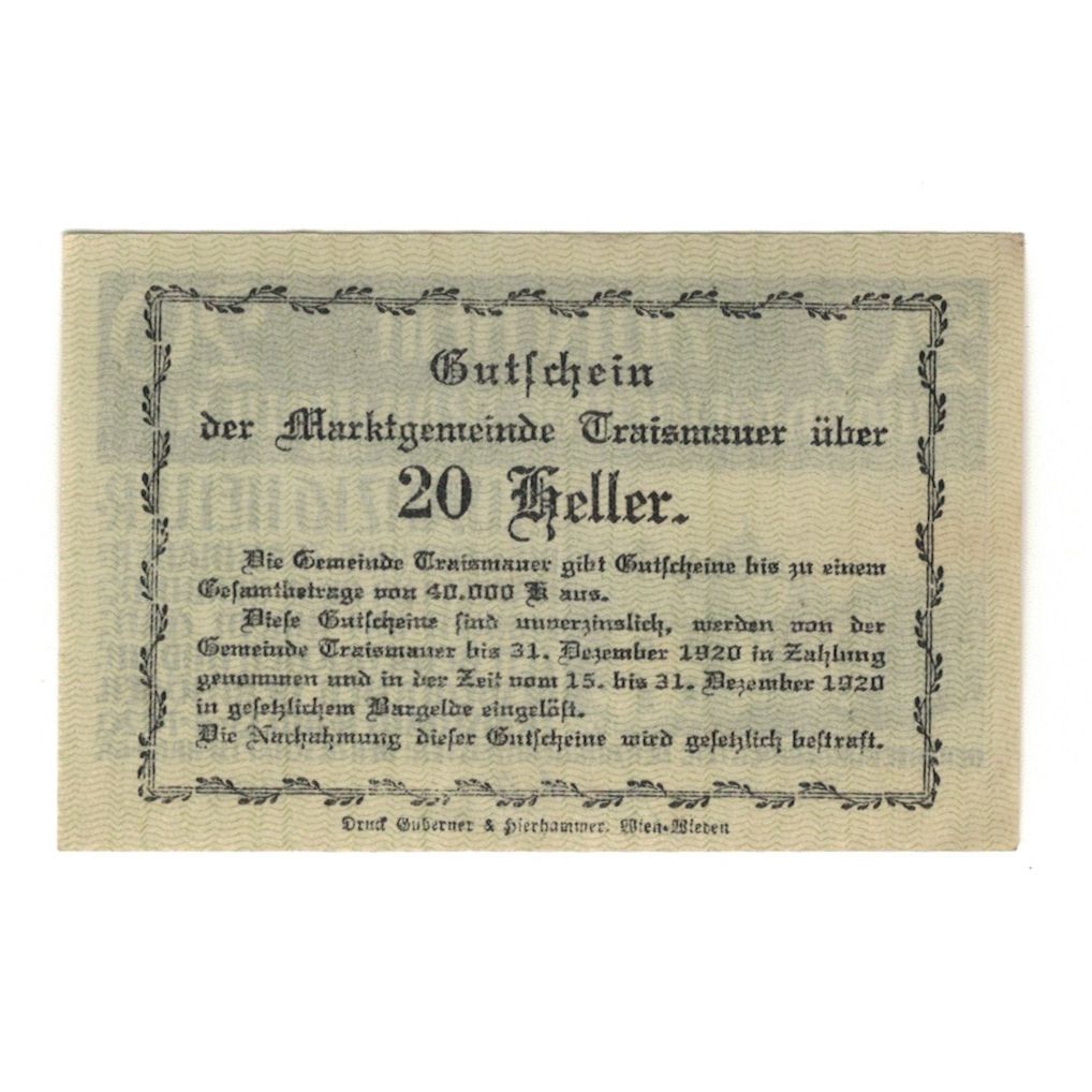Billete, Austria, Traismauer N.Ö. Marktgemeinde, 20 Heller, Texte, 1920