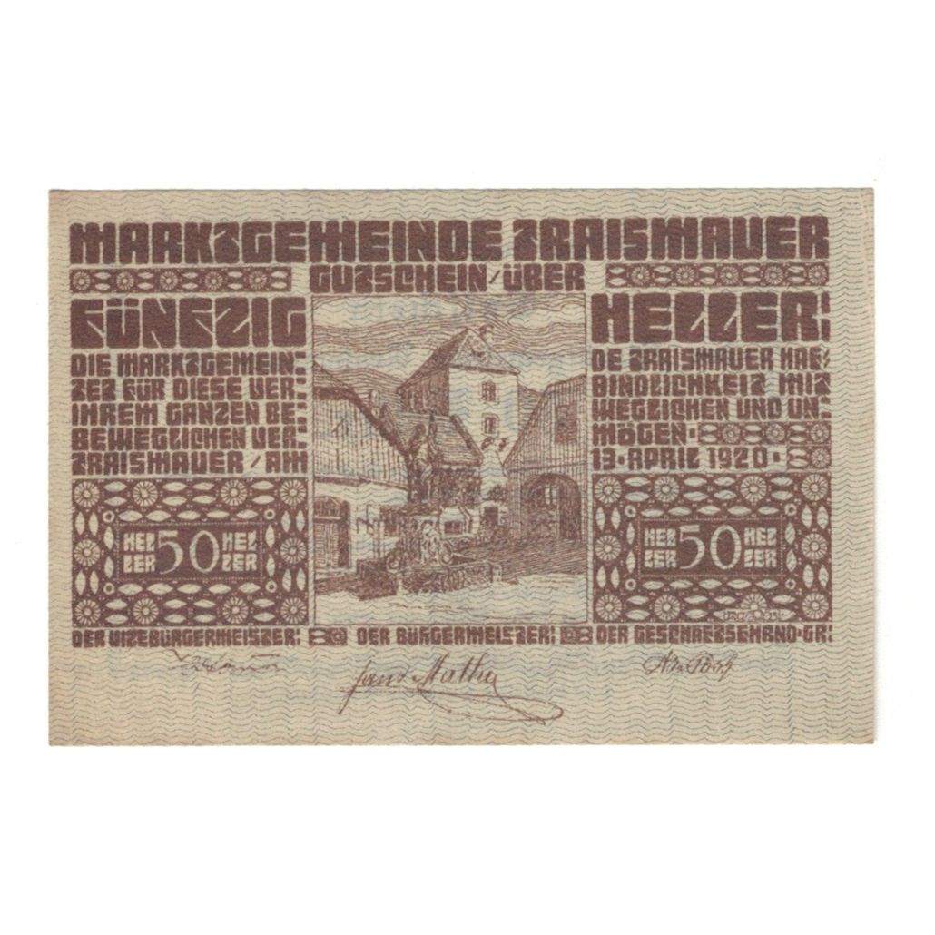 Banknote, Austria, Traismauer N.Ö. Marktgemeinde, 50 Heller, Texte, 1920