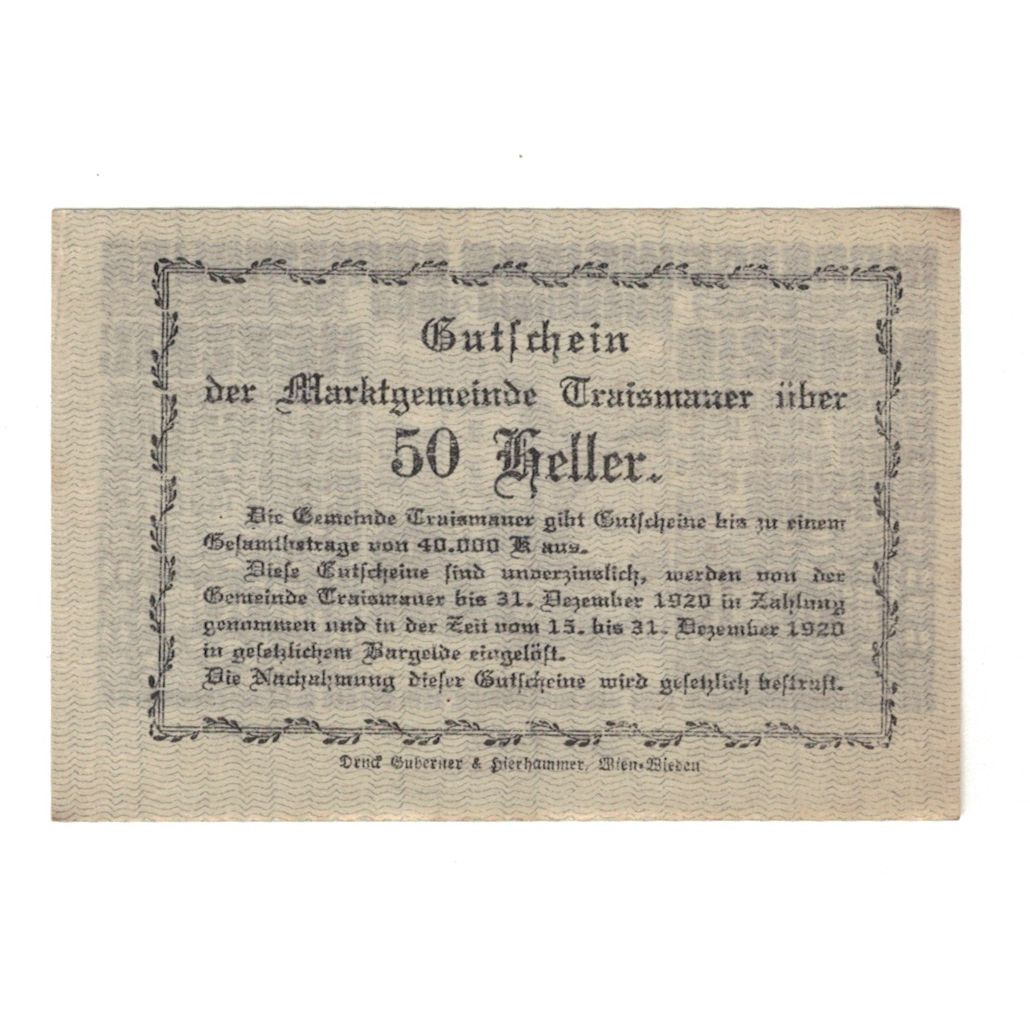Banknote, Austria, Traismauer N.Ö. Marktgemeinde, 50 Heller, Texte, 1920