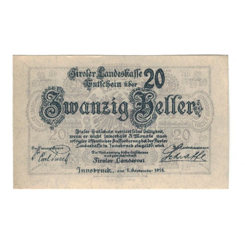 Geldschein, Österreich, Tiroler Landeskasse Tirol Land, 20 Heller, valeur
