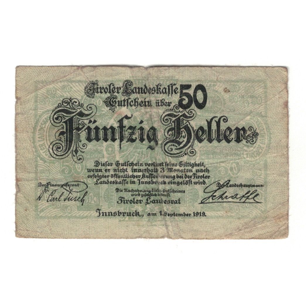 Billete, Austria, Tiroler Landeskasse Tirol Land, 50 Heller, valeur faciale