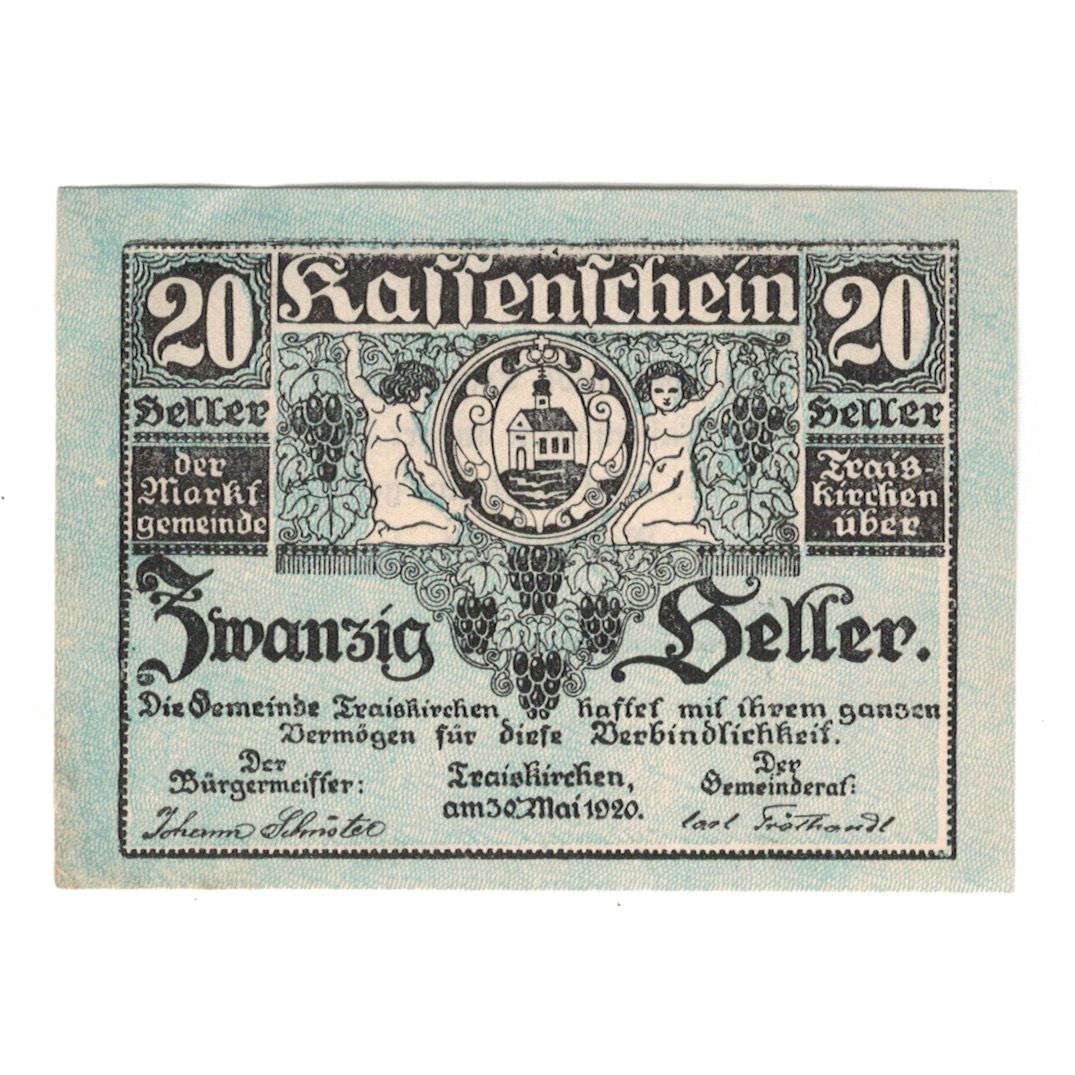 Nota, Áustria, Traiskirchen N.Ö. Marktgemeinde, 20 Heller, Texte, 1921