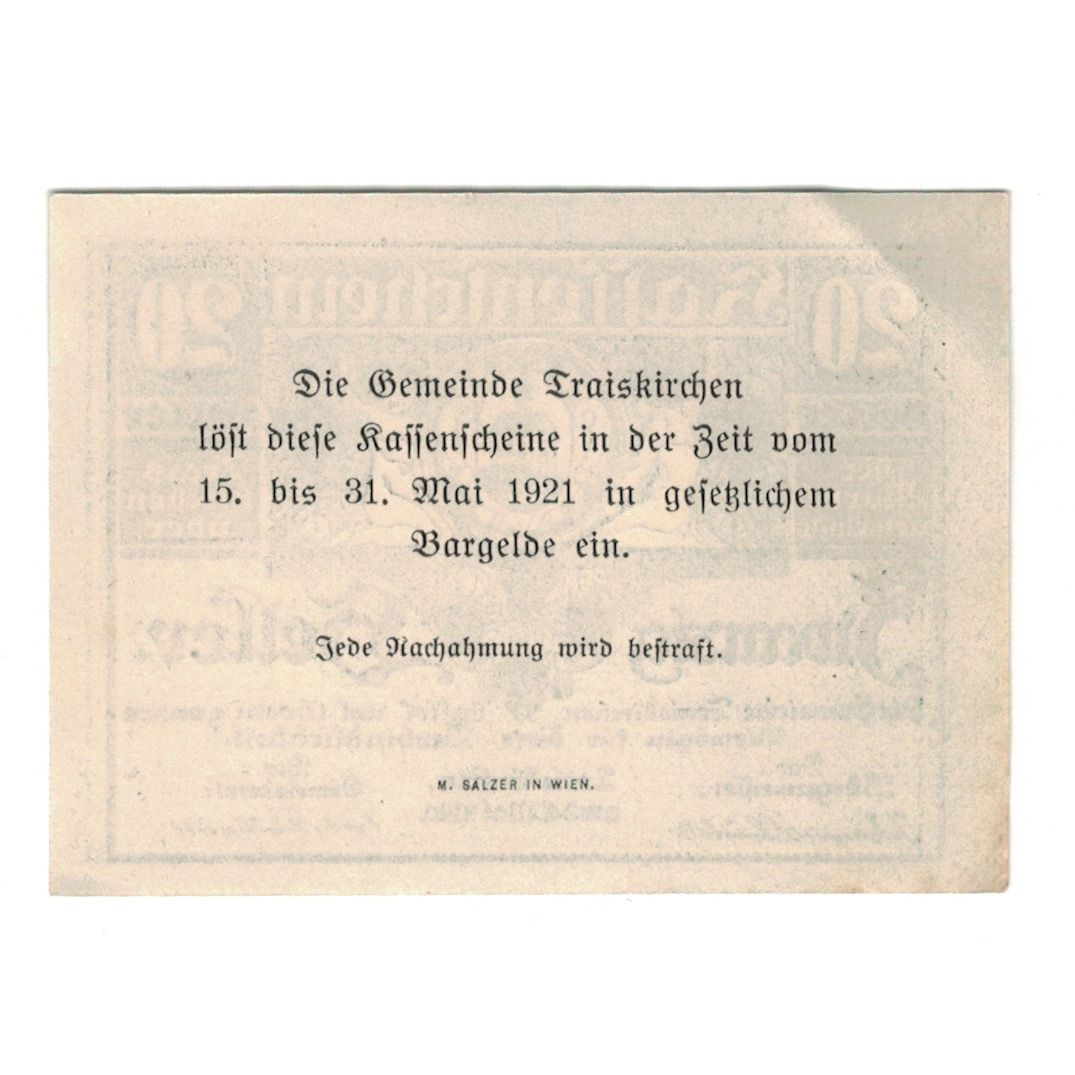 Nota, Áustria, Traiskirchen N.Ö. Marktgemeinde, 20 Heller, Texte, 1921