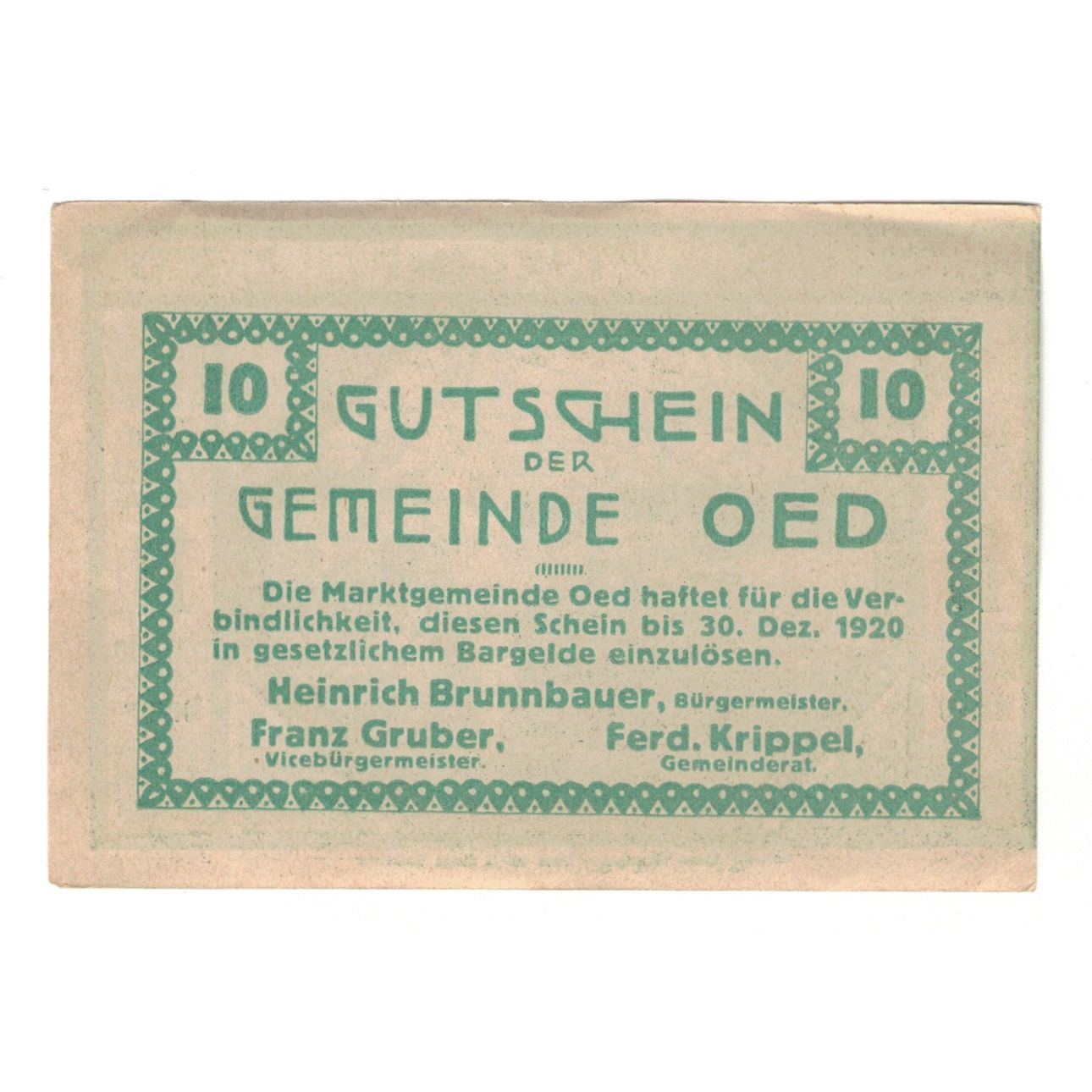 Banconote, Austria, Oed N.Ö. Marktgemeinde, 10 Heller, personnage, 1920
