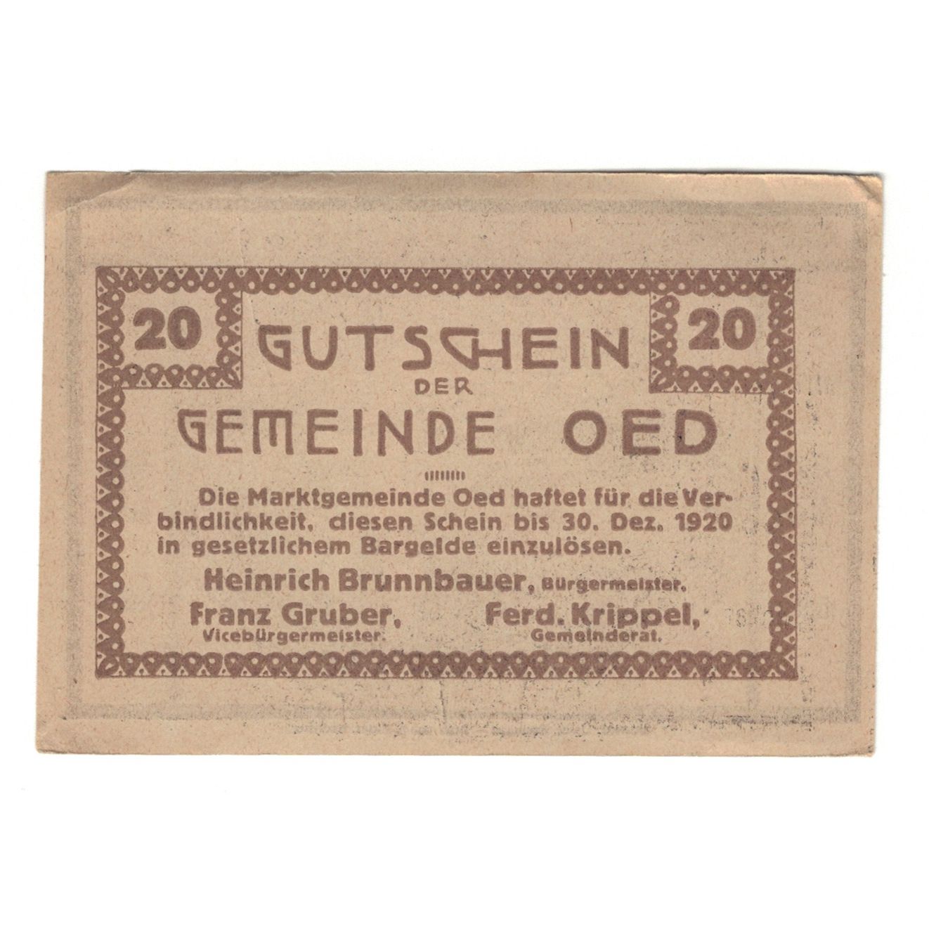 Banconote, Austria, Oed N.Ö. Marktgemeinde, 20 Heller, personnage, 1920