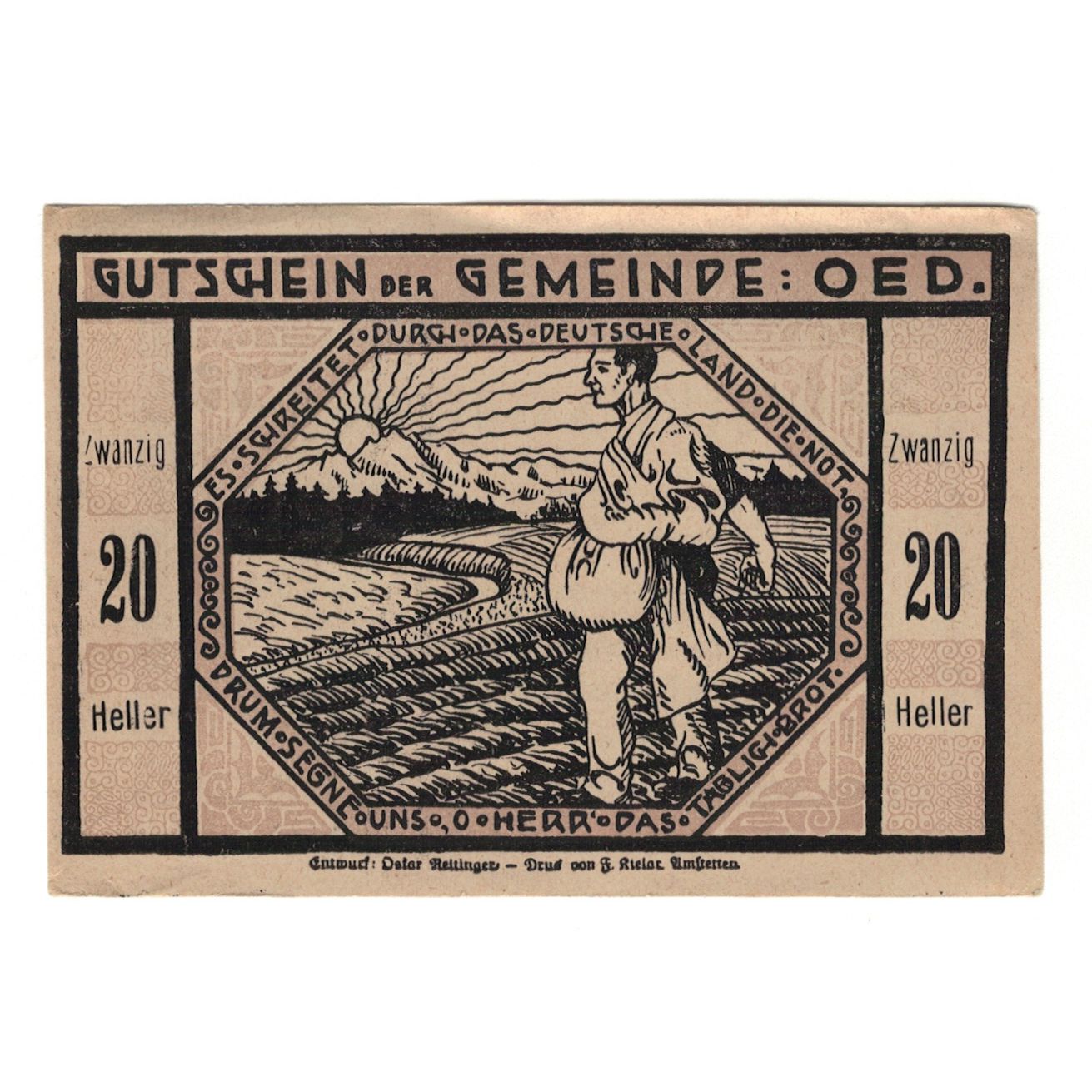 Banconote, Austria, Oed N.Ö. Marktgemeinde, 20 Heller, personnage, 1920