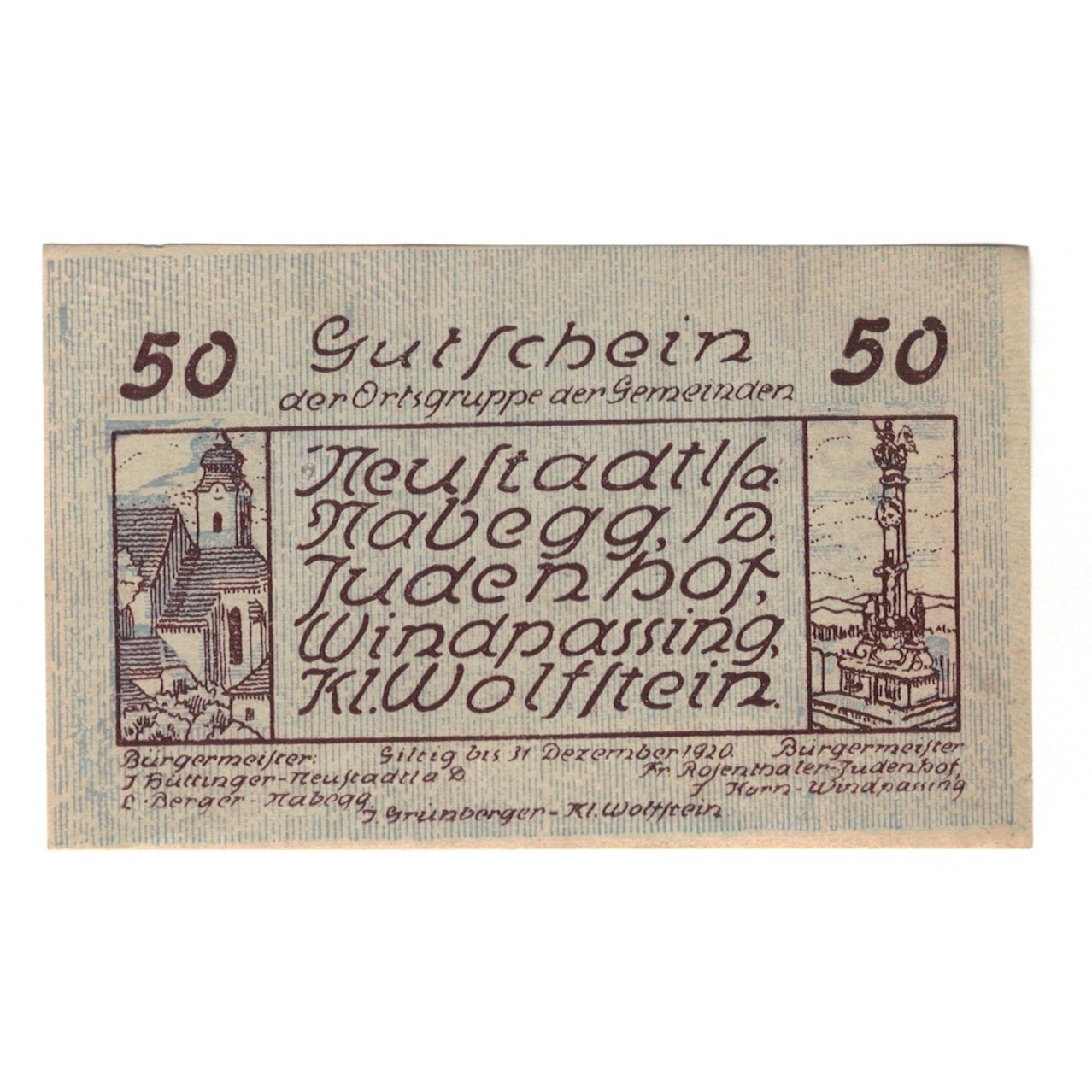 Banknote, Austria, Neustadtl Nabegg Judenhof Windpassing Kl. Wolfstein N.Ö. 1