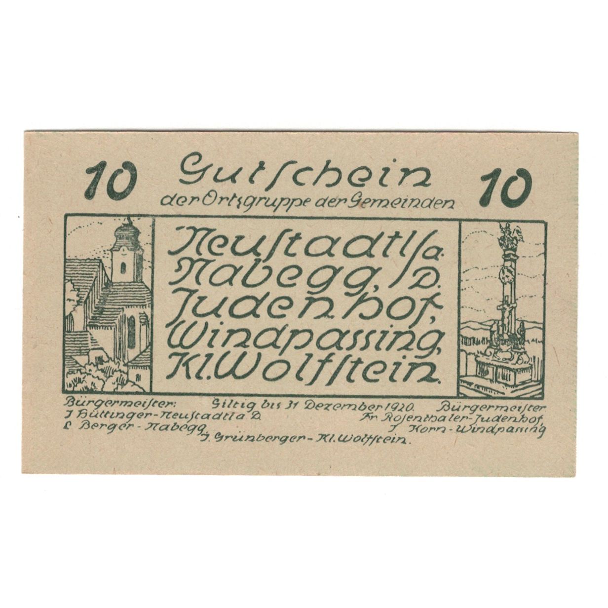 Banknote, Austria, Neustadtl A/D, Nabegg, Judenhof, Windpassing, Kl. Wolfstein