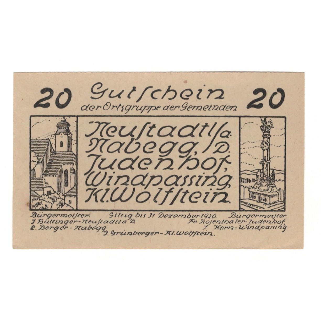 Banknote, Austria, Neustadtl A/D, Nabegg, Judenhof, Windpassing, Kl. Wolfstein