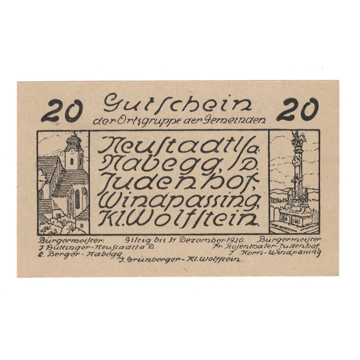 Banknote, Austria, Neustadtl A/D, Nabegg, Judenhof, Windpassing, Kl. Wolfstein