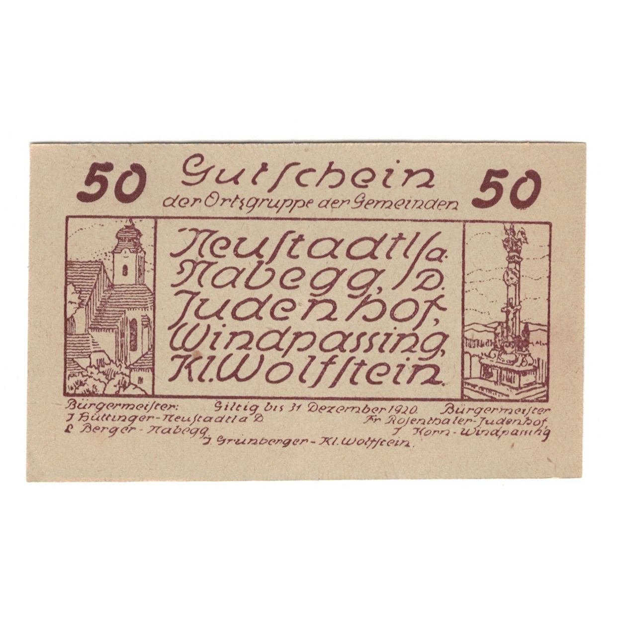 Banknote, Austria, Neustadtl A/D, Nabegg, Judenhof, Windpassing, Kl. Wolfstein