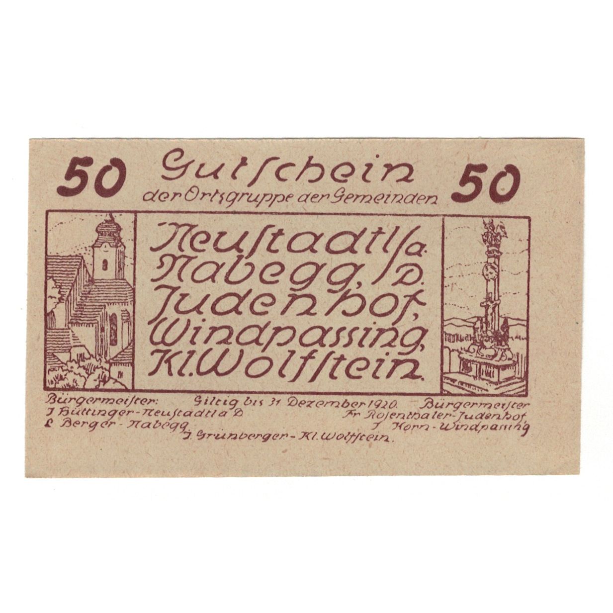 Banknote, Austria, Neustadtl A/D, Nabegg, Judenhof, Windpassing, Kl. Wolfstein