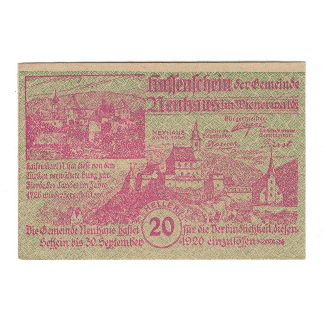 Banknote, Austria, Neuhaus N.Ö. Gemeinde, 20 Heller, N.D, 1920, 1920-09-30