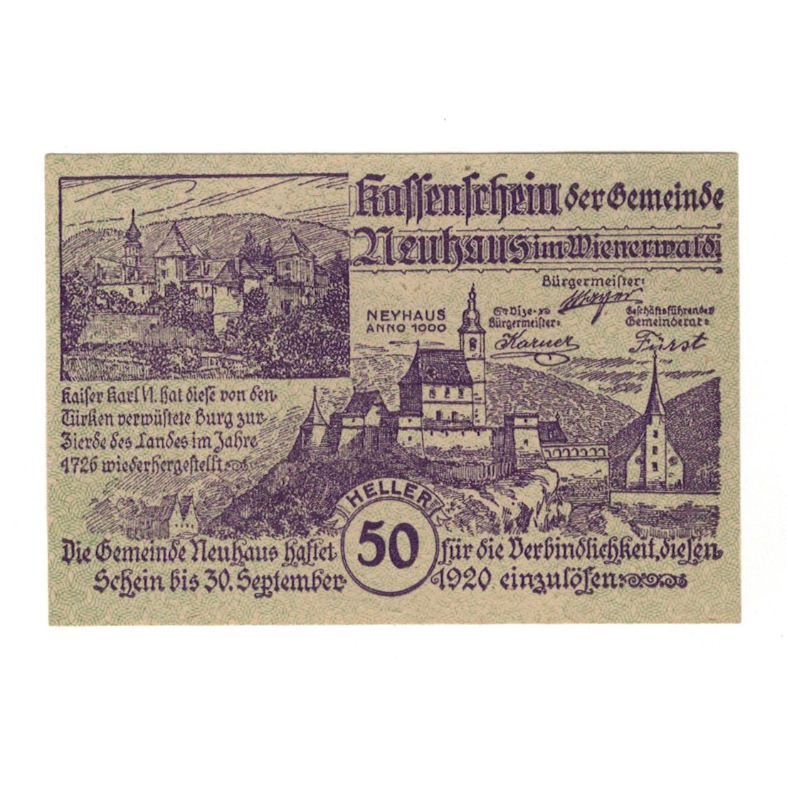 Banknote, Austria, Neuhaus N.Ö. Gemeinde, 50 Heller, N.D, 1920, 1920-09-30
