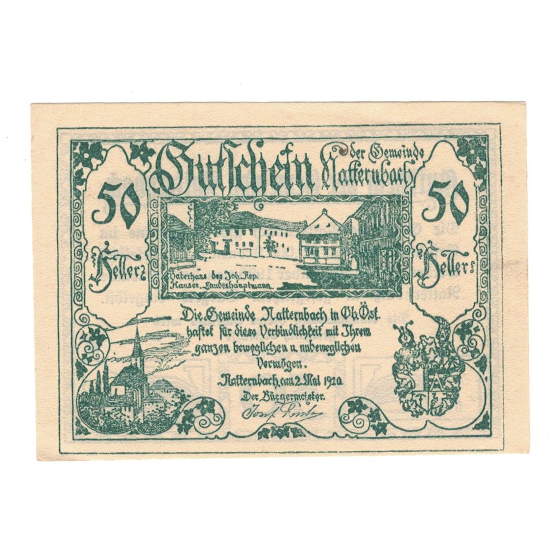 Banknote, Austria, Natternbach O.Ö. Gemeinde, 50 Heller, Texte, 1920