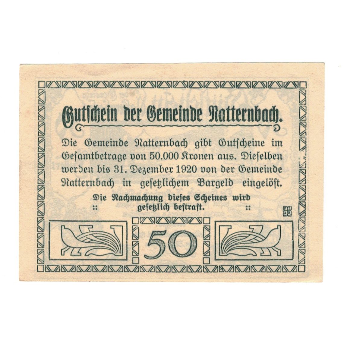 Banknote, Austria, Natternbach O.Ö. Gemeinde, 50 Heller, Texte, 1920